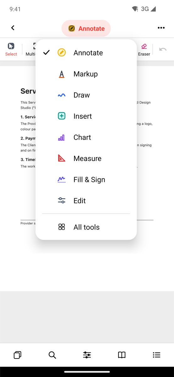 The tool group menu with Fill & Sign