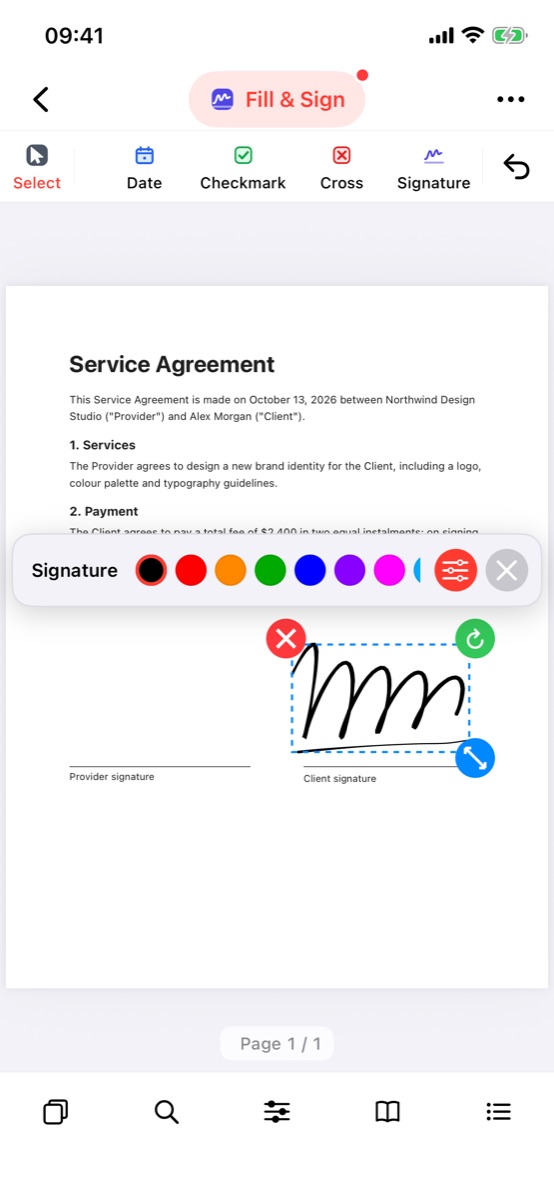 A selected signature with resize handles